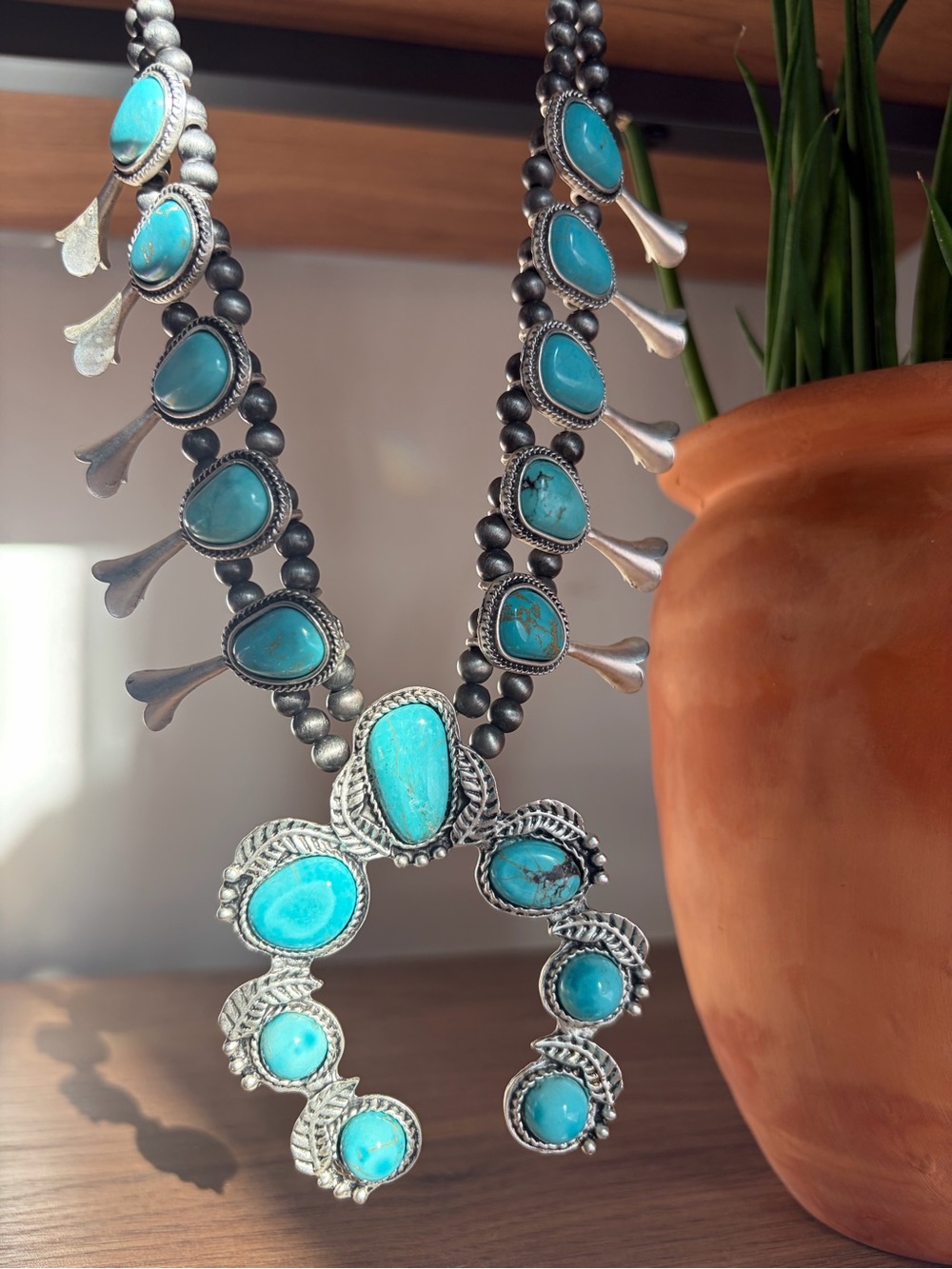 Faux Turquoise Squash Blossom Statement Necklace Silver Western Boho Chic